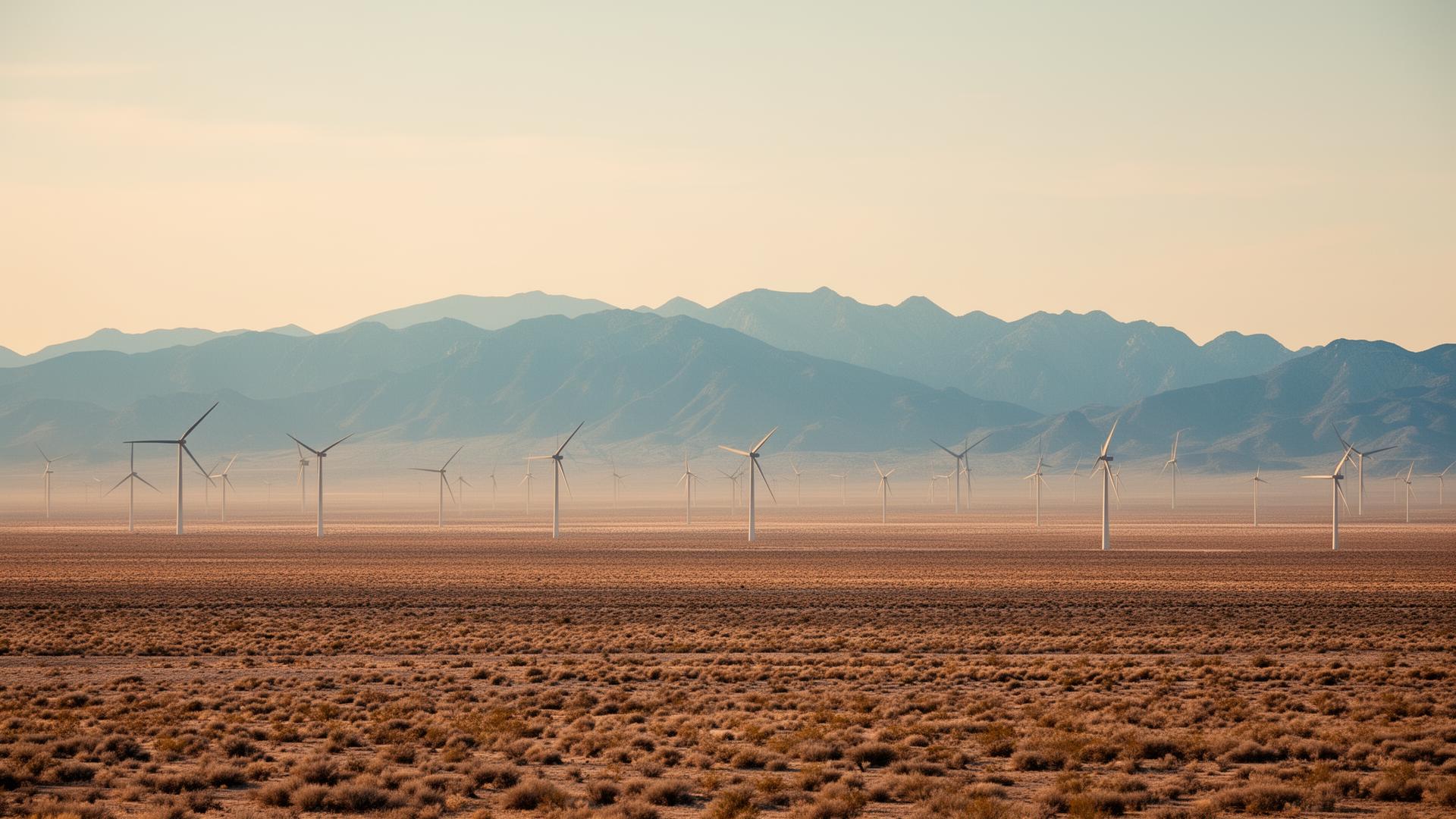 Wind turbines across a plain at golden hour with mountains behind